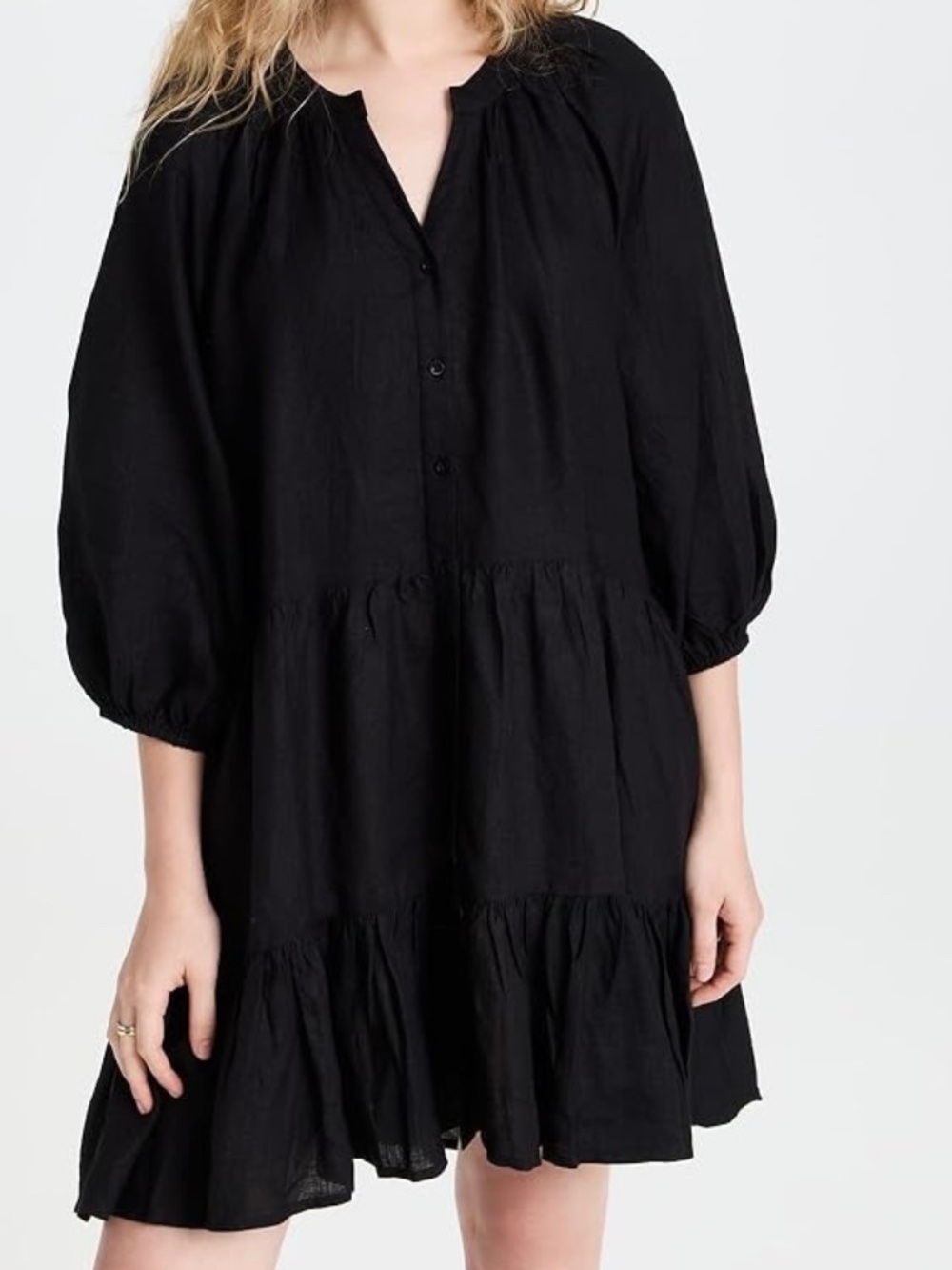 A Piece Apart Mitte Linen Tiered Dress S Black Puff Sleeve Relaxed Fit V-Neck